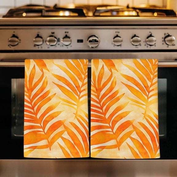 Botanical Orange Yellow Kitchen Towels Set of 2, Modernism Tropical Palm Leaf Absorbent Dish Towels for Kitchen, Microfiber Hand Towel, Quick Drying Tea Towel for Cleaning Decorative Dishcloths