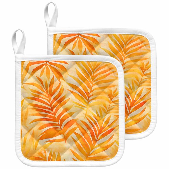 Botanical Orange Yellow Pot Holders for Kitchen Heatproof Potholder, 2 Pack Modernism Tropical Palm Leaf Hot Pads Multipurpose Oven Pads Cloth Potholders Trivet for Cooking and Baking