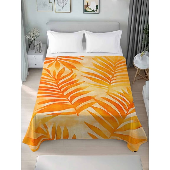 Botanical Orange Yellow Queen Size Flat Sheet, Wrinkleproof & Fadeproof Cooling Flat Bed Sheet Only, Modernism Tropical Palm Leaf Breathable Soft Bedding Top Sheets 90 x 102 Inches