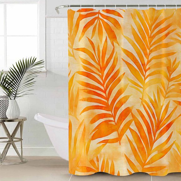 Botanical Orange Yellow Standard Shower Curtain Set, Waterproof Shower Curtains for Bathroom, Modernism Tropical Palm Leaf Washable Fabric Cloth Bath Curtain for Bathtub with Hooks 72x72 Inches