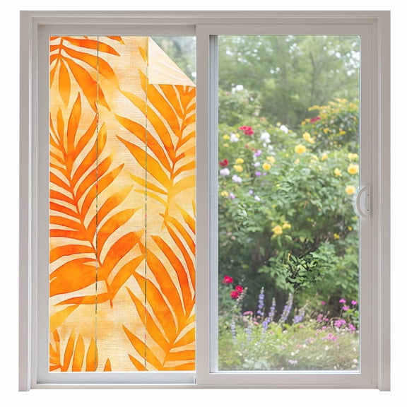 Botanical Orange Yellow Window Privacy Film, Modernism Tropical Palm Leaf Static Cling UV Sun Blocking Heat Control Window Tint Day and Night, Non-Adhesive One Way Windows Privacy Cover 35.4''x78.7''