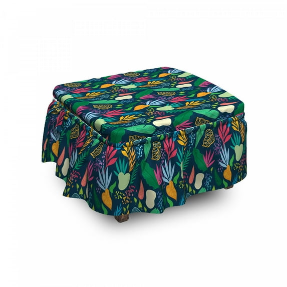 Botanical Ottoman Cover, Creative Abstract Nature, 2 Piece Slipcover Set with Ruffle Skirt for Square Round Cube Footstool Decorative Home Accent, Standard Size, Multicolor, by Ambesonne
