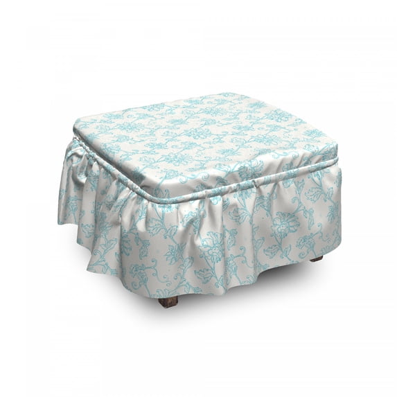 Botanical Ottoman Cover, Romantic Simple Floral, 2 Piece Slipcover Set with Ruffle Skirt for Square Round Cube Footstool Decorative Home Accent, Standard Size, Pale Blue and Off White, by Ambesonne