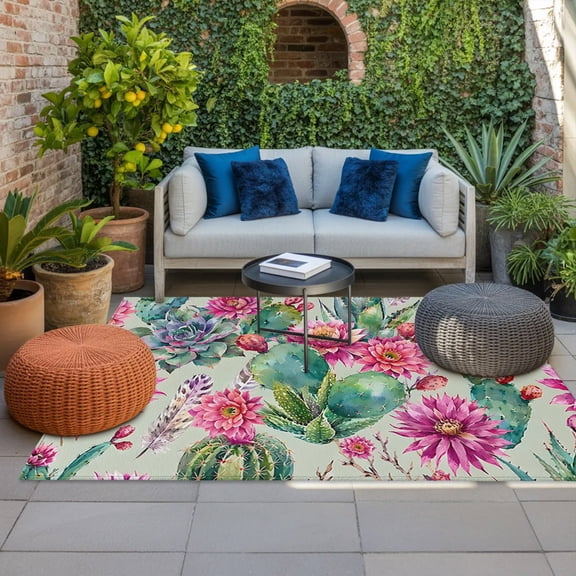 Botanical Outdoor Rug, Vintage Boho Desert Green Cactus Magenta Flower Feather Non-Slip Area Rugs Carpet Breathable Large Floor Mat for Outdoors Patio Porch Deck Beach 6’ x 9’