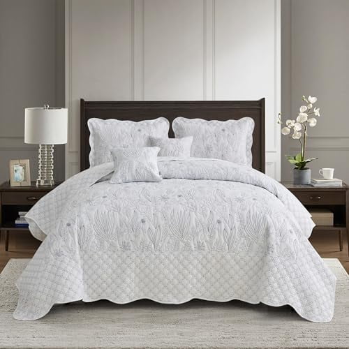 Botanical Oversized Bedspread Queen Size - Leaves Pattern Stitching Quilt Set - Elegant & Fresh Style Bedding Coverlets, Reversible, Lightweight, 5 Piece, White