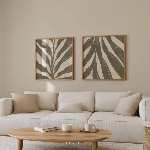Botanical Palm Leaf Prints, Neutral Beige Square Artwork Set 2 Unframed Paper Print 20x30