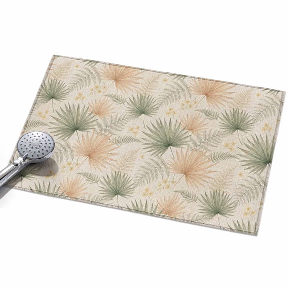 Botanical Palm Leaves Washable Area Rug 2 x 3 ft Boho Green Beige Plant Leaf Linen Texture Soft Non Slip Rugs Stain Repellent Indoor Felt Carpet for Living Dining Room Bedroom Home Office