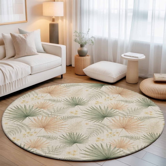 Botanical Palm Leaves Washable Round Area Rug 5 ft, Boho Green Beige Plant Leaf Linen Texture Soft Non Slip Rugs Stain Repellent Indoor Felt Carpet for Living Dining Room Bedroom Home Office