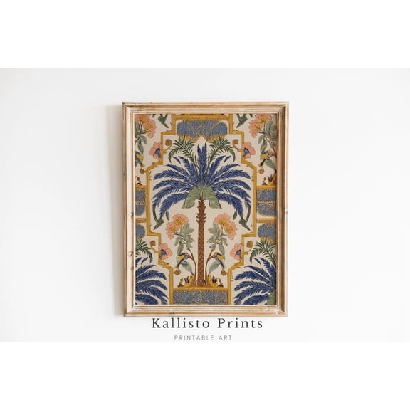 Botanical Palm Tree Blue Gold Tropical Maximalist Wall Art, Unframed Canvas 24x36in