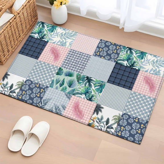 Botanical Patchwork 2'x3' Rug for Entryway Front Door Kitchen Sink Area, Teal Tropical Leaf Grey Plaid Low Pile Washable Non Slip Rectangle Area Rug