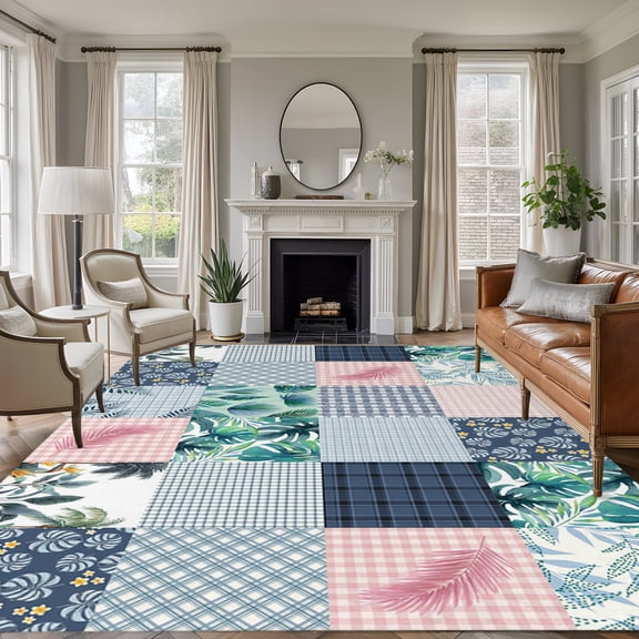 Botanical Patchwork 5'x8' Rug for Bedroom Under Queen Bed Placement, Teal Tropical Leaf Grey Plaid Washable Non Slip Large Rectangle Area Rug
