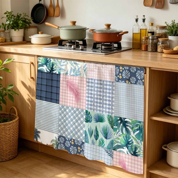 Botanical Patchwork Cabinet Curtains for Kitchen 35"W x 35"L, Teal Tropical Leaf Grey Plaid Laundry Sink Cabinets Magic Tape Short Curtain Privacy Panel for Bathroom Vanity Cabinets