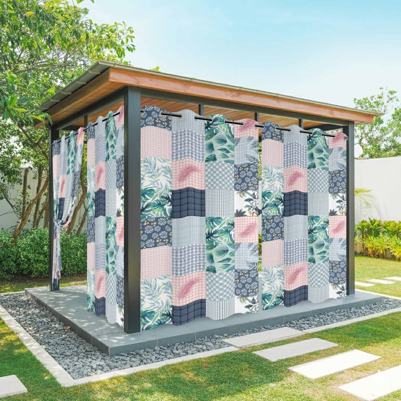 Botanical Patchwork Outdoor Curtains for Patio, Teal Tropical Leaf Grey Plaid Sunshade Privacy Drapes Grommet Waterproof Outside Curtains for Porch/Cabana/Balcony 54"x 95", 2 Panel