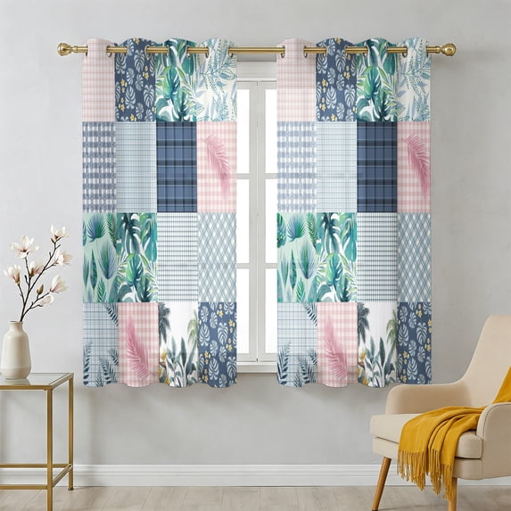 Botanical Patchwork Sheer Curtains 54 Inch Long 2 Panels, Teal Tropical ...