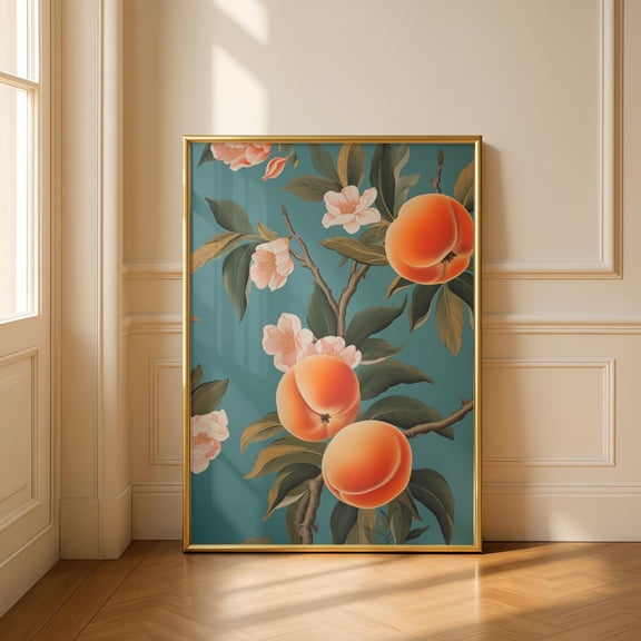 Botanical Peaches Poster Boho Peach Blossom Wall Art Peach Tree Peony Poster Fruit Decor, Poster Only