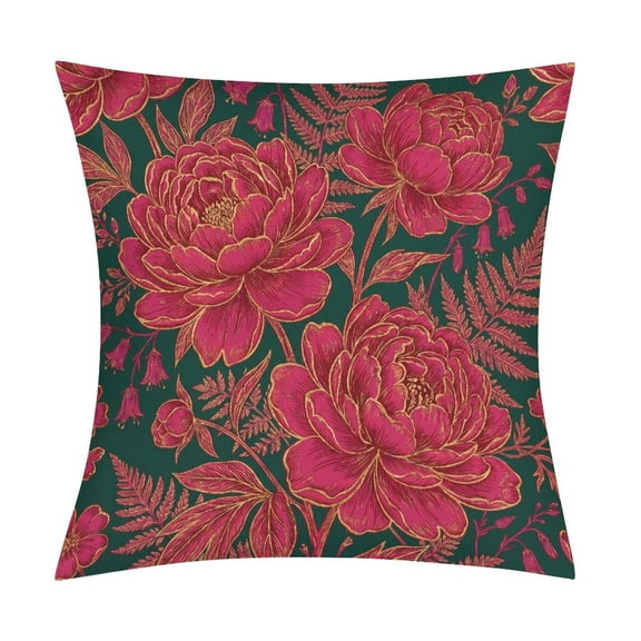 Botanical Peony And Fern Garden Print on Dark GreenSet of 2 Faux Linen Throw Pillow Covers, Soft & Breathable Polyester Cushion Cases