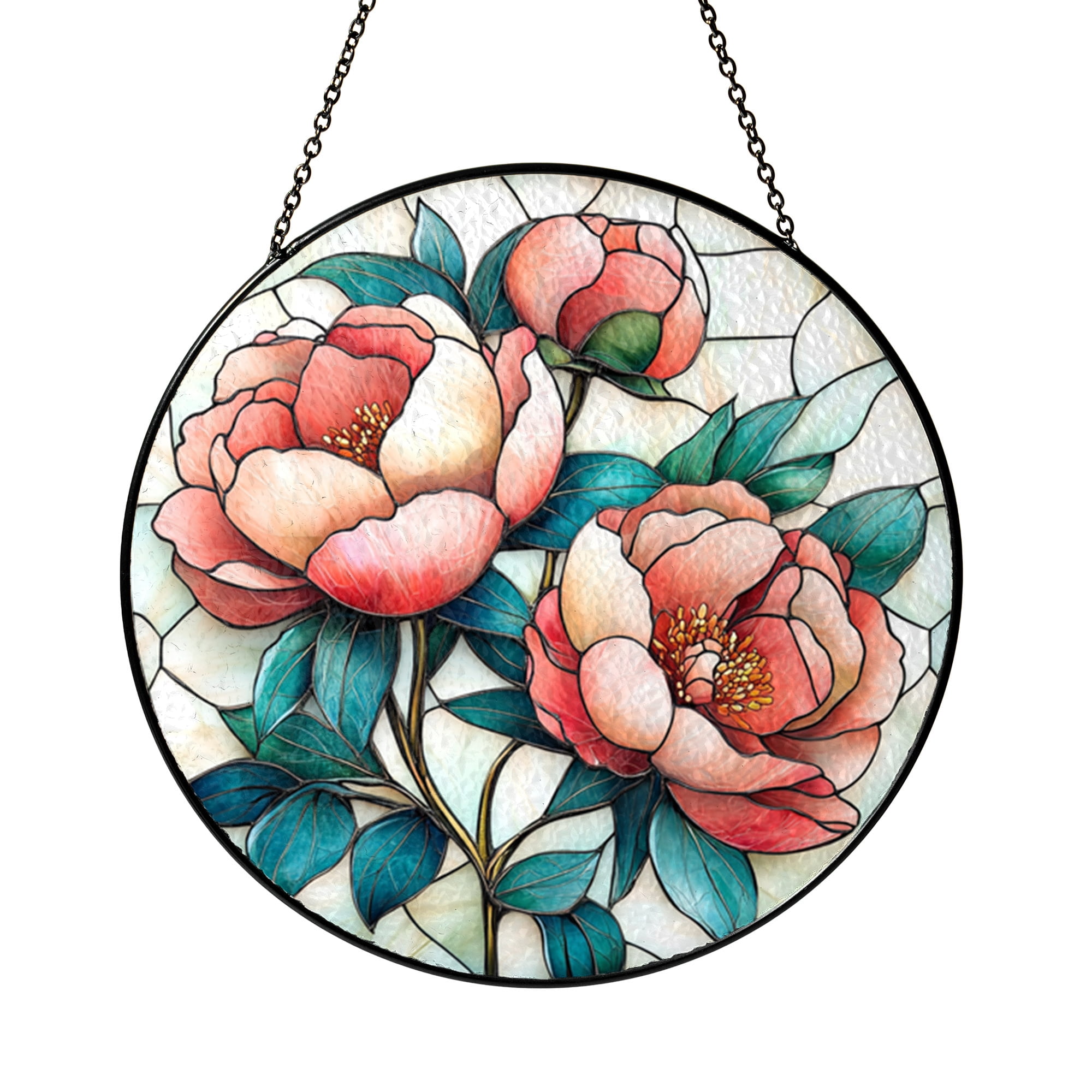 Botanical Peony Blossom Round Stained Glass Suncatcher – Window Art ...