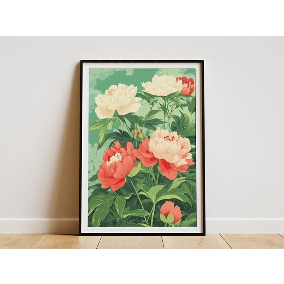 Botanical Peony Flower Print Summer Garden Floral Poster Pink and Peach Peonies Art Modern Minimalist Flower Wall Decor Home Decor Bedroom - Poster Unframed