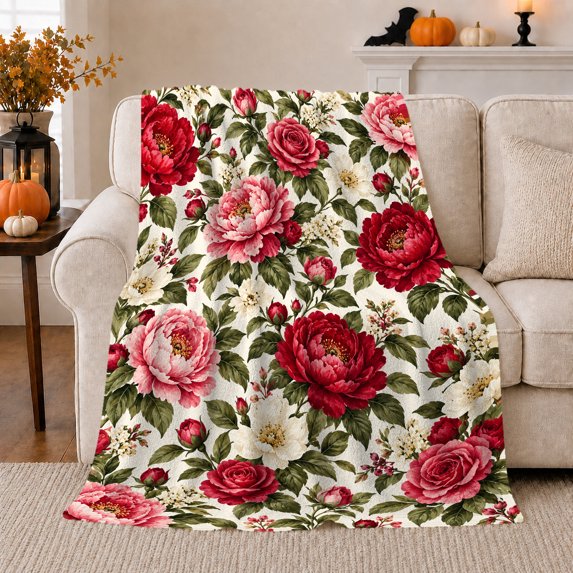 Botanical Peony Rose Floral, Cozy Friendship Quote Scene, Warm Flannel Blanket for Living Room and Reading Nook, Art Lovers Thanksgiving Gift, Artistic Home Decor