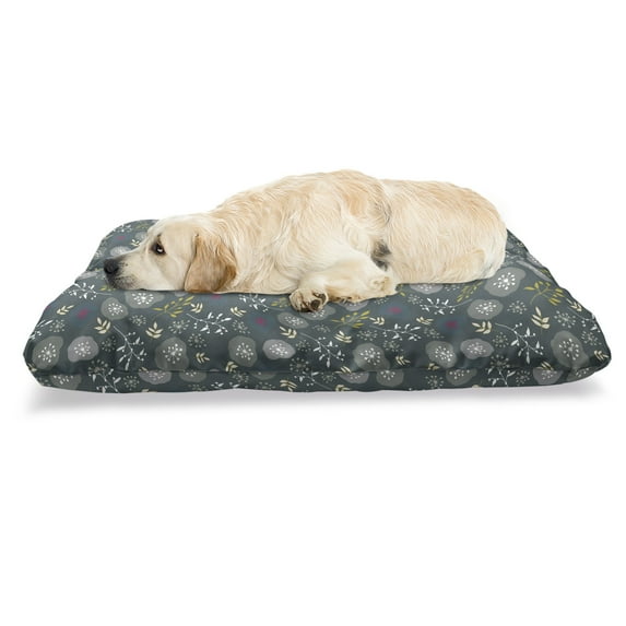 Botanical Pet Bed, Forest Elements and Blots Branches and Leaves, Chew Resistant Pad for Dogs and Cats Cushion with Removable Cover, 24" x 39", Multicolor, by Ambesonne