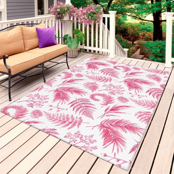 Botanical Pink Outdoor Rug for Patio/Deck/Porch, Non-Slip Large Area Rug 5 x 7 Ft, Vintage Ferns Herbs Country Plant Leaf Indoor Outdoor Rugs Washable Area Rugs, Reversible Camping Rug Carpet Runner