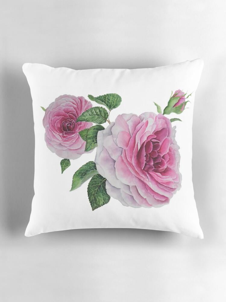 Pink Roses Covers Botanical Pink Rose Green Leaf Throw Pillow Cover, Double-Sided Print ...