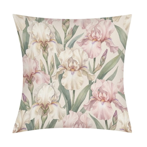 Botanical Pink White Iris in CreamSet of 2 Premium Faux Linen Pillow Covers, Envelope Style Cushion Cases for Bedroom