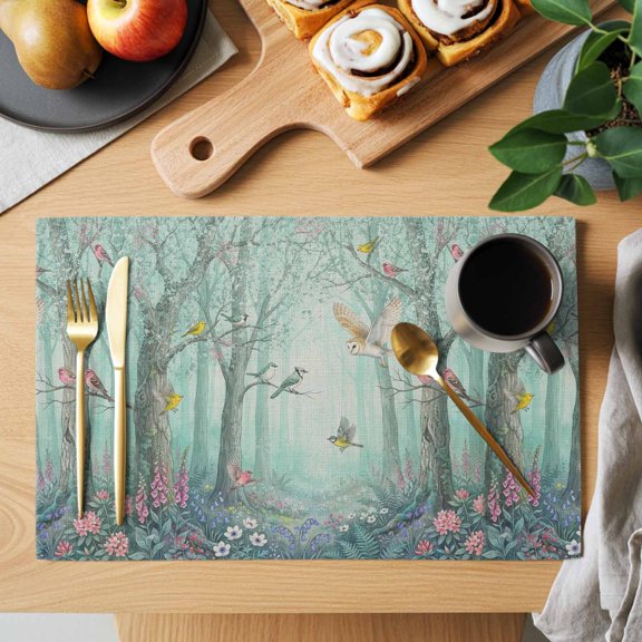 Botanical Placemats Set of 1, Spring Watercolor Trees Mystic Romantic Forest Birds Heat Insulated Linen Place Mats, Washable Stain-Proof Table Mats for Dining Tables Holiday Decor 13x19 Inches