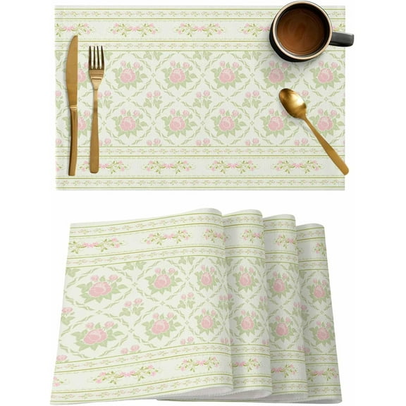 Botanical Placemats Set of 6,Washable Woven Burlap Cloth Fabric Placemat for Square/Rectangle/Round/Oval Dining Table,Easy Clean Place Mats for Toddlers,Kids Green Pink Pastoral Country French Floral
