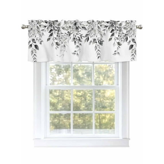 Botanical Plant Eucalyptus Leaves Black White Valances Curtain Kitchen Rod Pocket Short Panels Window Treatment Topper Curtains for Living Bedroom 1 Panel 42x12 inch