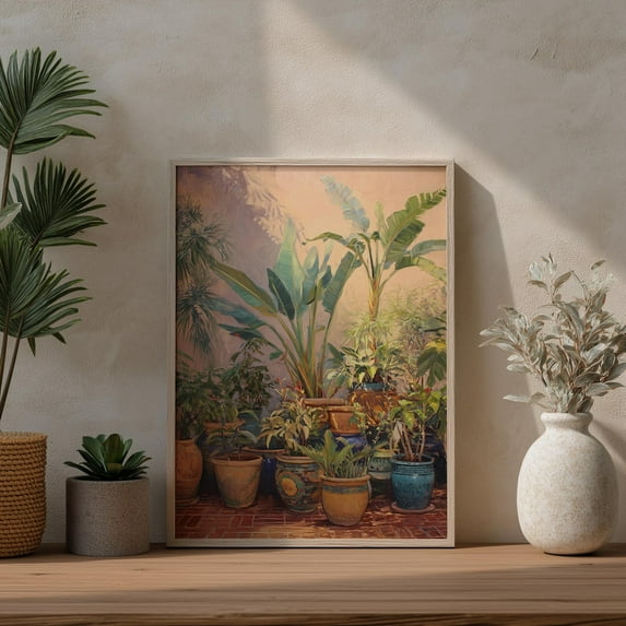 Botanical Plant Pots Art Print, Mediterranean Patio Greenery Home Decor #3385, 12x18 UNFRAMED