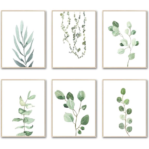 Botanical Plant Wall Art Prints - Set of 6 Plant Wall Decor for Bedroom, Green Botanical Art Painting for Offices, Eucalyptus Leaf Picture for Kitchen Living Room Bathroom Decor 8x10 inch Unframed