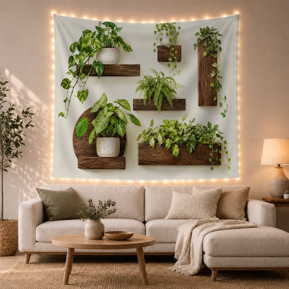 Botanical Plant Wall Display on Wooden Shelves, Serene and Organic, Boho Style for Plant Lovers, Nature Inspired Wall Art, Housewarming Gift, Tapestry Wall Hanging for Bedroom and Living Room