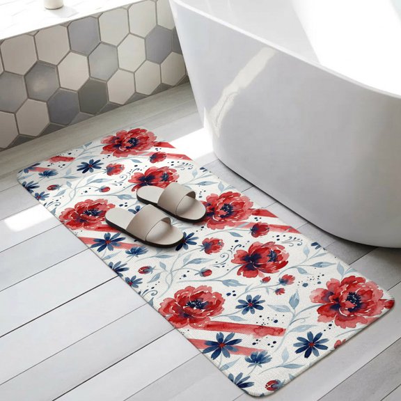 Botanical Poppies Bathroom Runner Rugs Non Slip Washable Absorbent Narrow Long Bath Mat Daisies Leaves Boho Scarlet Red Runner Rugs for Kitchen Hallway Bedroom Laundry Study Room 31.5"x63"