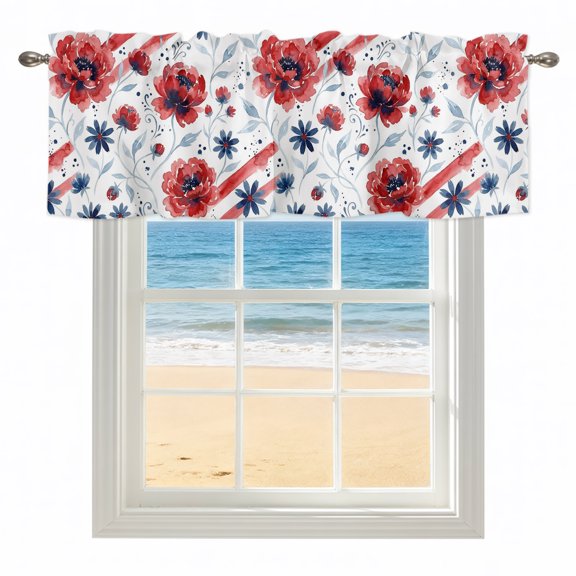 Botanical Poppies Kitchen Valances for Windows 42x18 Inch Kitchen Curtains Valances Rod Pocket Daisies Leaves Boho Scarlet Red Bathroom Window Valances for Window Treatment Decor