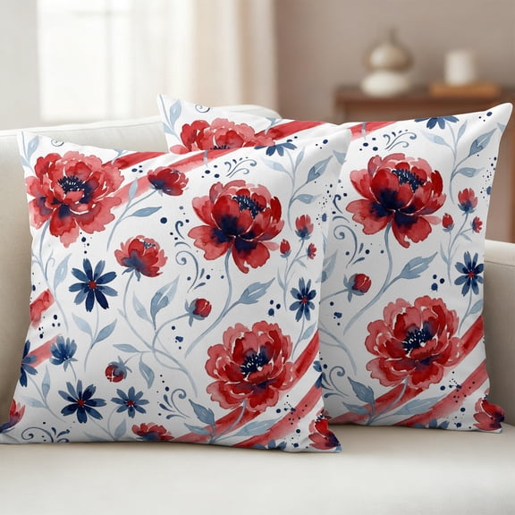 Botanical Poppies Outdoor Waterproof Throw Pillow Covers 24x24 Set of 2, Daisies Leaves Boho Scarlet Red Decorative Pillowcases Cushion Pillowcase for Couch Sofa Patio Outside Pillow Protector