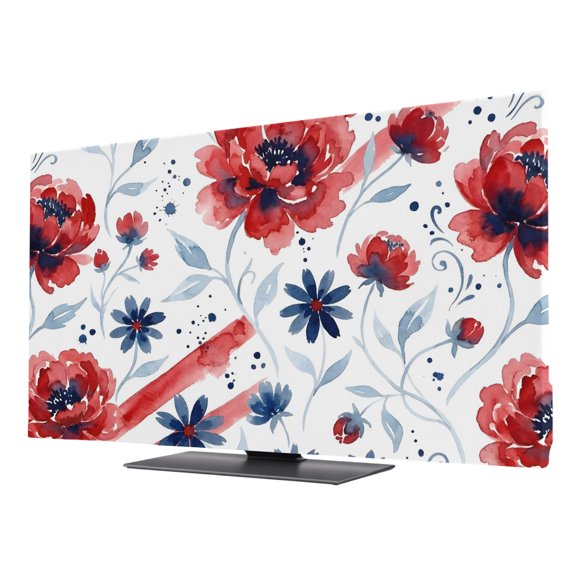 Botanical Poppies TV Cover for 24 Inch Screen, Stretch Fabric Dustproof TV Display Protector, Daisies Leaves Boho Scarlet Red Elastic Slipcover Monitor Cover for Indoor Desktop Computer 20.9"x11.8"