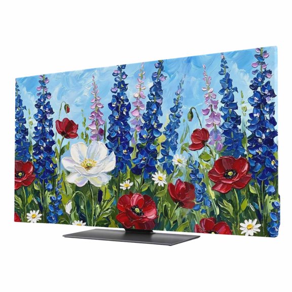 Botanical Poppies TV Cover for 24 Inch Screen,Stretch Fabric Dustproof TV Display Protector,Daisy Florals Leaves Blue Watercolor Elastic Slipcover Monitor Cover for Indoor Computer 20.9"x11.8"