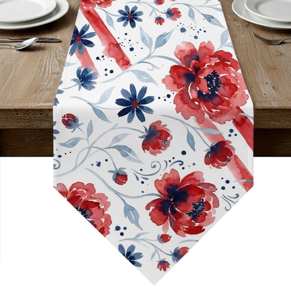 Botanical Poppies Table Runner Linen Burlap Table Runner 48 Inches Long Daisies Leaves Boho Scarlet Red Dresser Scarves for Kitchen Island Coffee Dining Room Party Wedding Holiday Decor 13"x48"