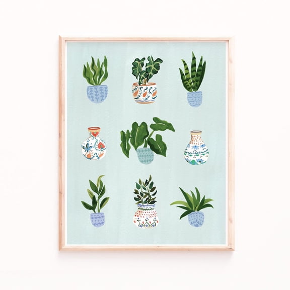 Botanical Poster Teal Plant Artwork (Gallery Matte Paper) Poster Art Print Home Decor, Stretched Canvas Size 8x12 F03.1.20l334