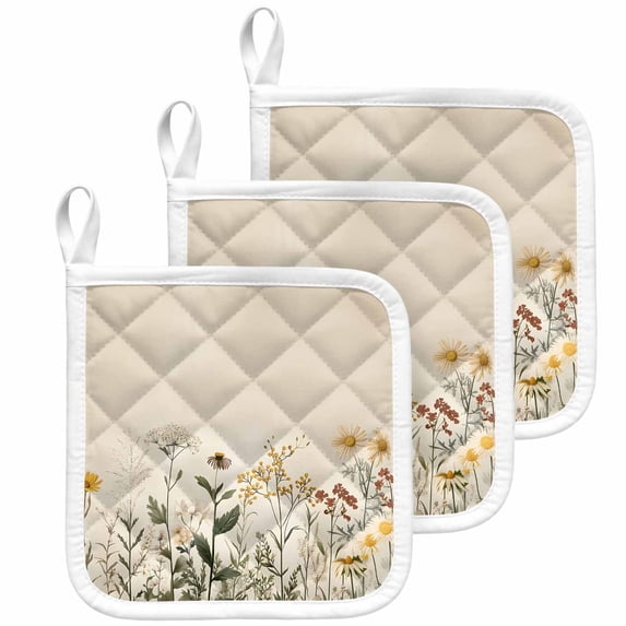 Botanical Pot Holders for Kitchen Heatproof Potholder, 3 Pack Retro Plant Wildflower Green Leaf Ferns Hot Pads Multipurpose Oven Pads Cloth Potholders Trivet for Cooking Baking