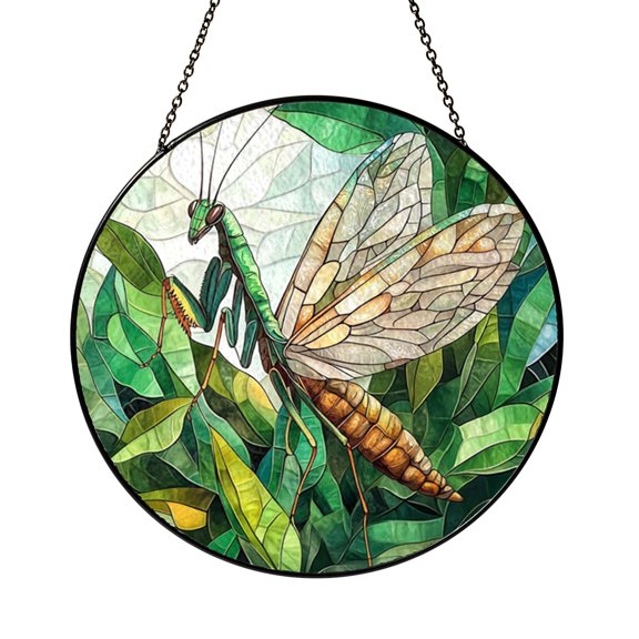 Botanical Praying Mantis Stained Glass Style Window Hanging