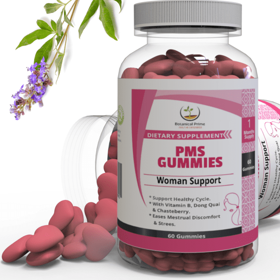Botanical Prime PMS Gummies-100% Herbal Complex Formula-Supports All Hormonal Stages-Cramping, Bloating, Acne, Mood Swings-Strawberry Flavor-60 Gummies-Made in USA