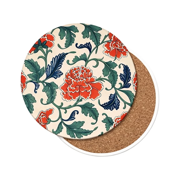 Botanical Print Ceramic Coaster, Water-Absorbing Stoneware Cup Mat with Soft Cork Base, Decorative Heat-Resistant Trivet for Home & Office