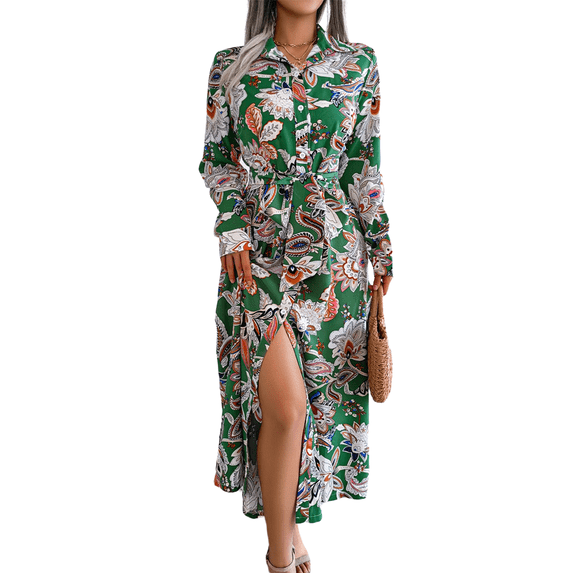 Botanical Print Collar Neck Front Button Down Long Sleeves Belted Waist Dress Green Small