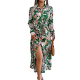 thumbnail image 1 of Botanical Print Collar Neck Front Button Down Long Sleeves Belted Waist Dress Green X-Large, 1 of 5