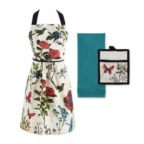 Botanical Print Kitchen Textiles, Apron, Potholder, and Dishtowel, Botanical, 3 Pieces