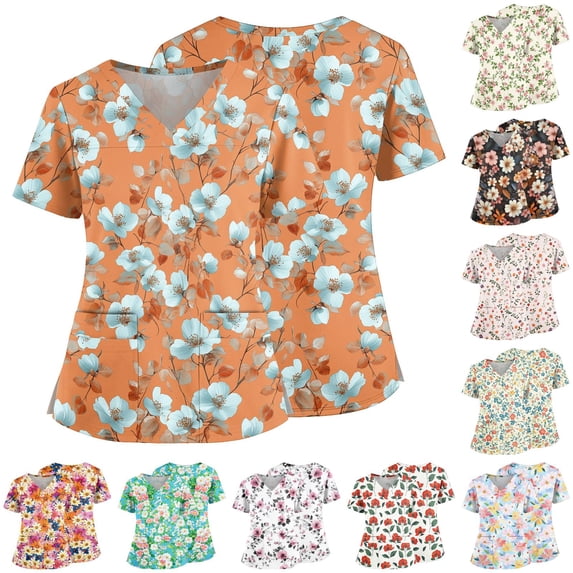 Botanical Print Scrub Top for Women, V-Neck Short Sleeve Medical Shirt with Pockets & Side Slits - Soft Stretchy Nurse Tunic Black XXXL