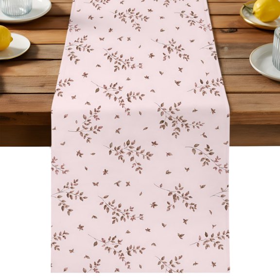 Botanical Print Table Runner Dresser Scarves, Country Twigs Tiny Leaves Pale Pink Table Runners 72 Inches Long,Non-Slip Washable Kitchen Dining Coffee Table Decor for Farmhouse Party Holiday Dinner
