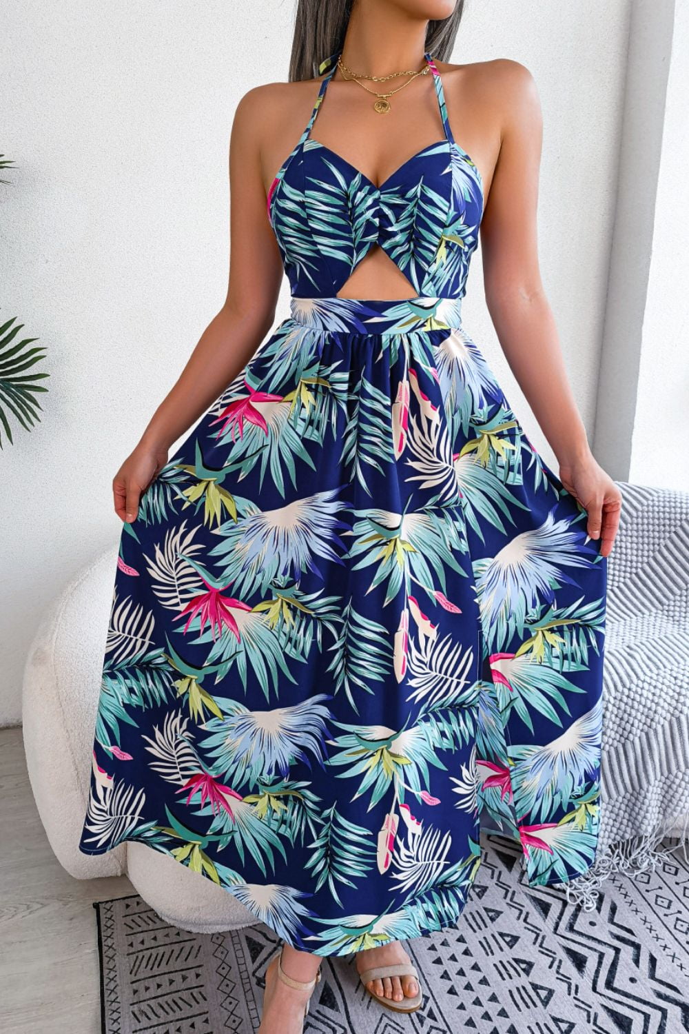 BLUE PRINT CUT OUT SLIT DRESS SET